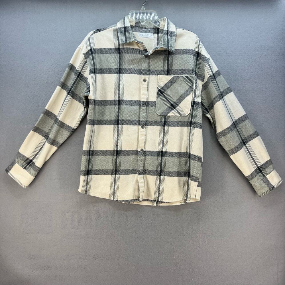 Zara Button Down Top Women's Size 13/14 Beige Plaid Woven Long Sleeve Flannel - Picture 1 of 10